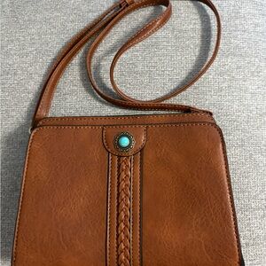 Westen Brown Turquoise Emblem Braided Design Handbag Purse Crossbody shoulder